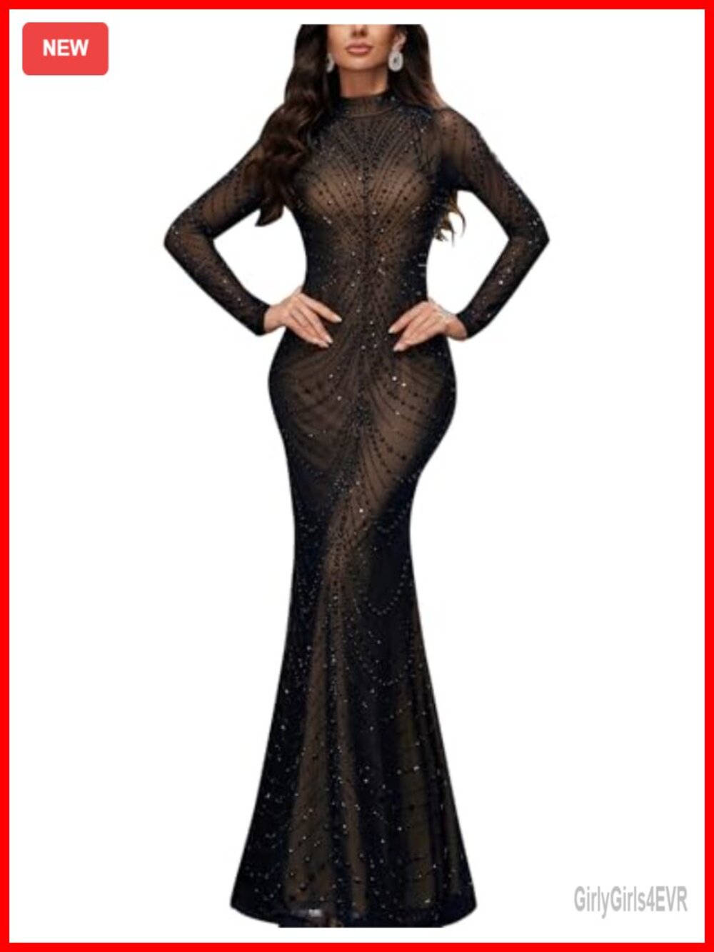 Rhinestone Mermaid Formal Evening Gown Long Sleeve Prom Dress